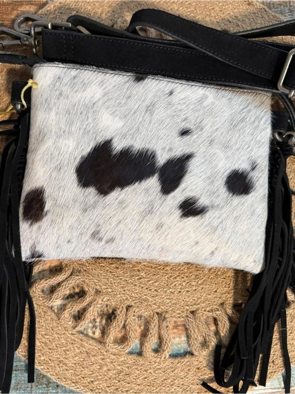 Cowhide Fringe Crossbody Bag in Black and White